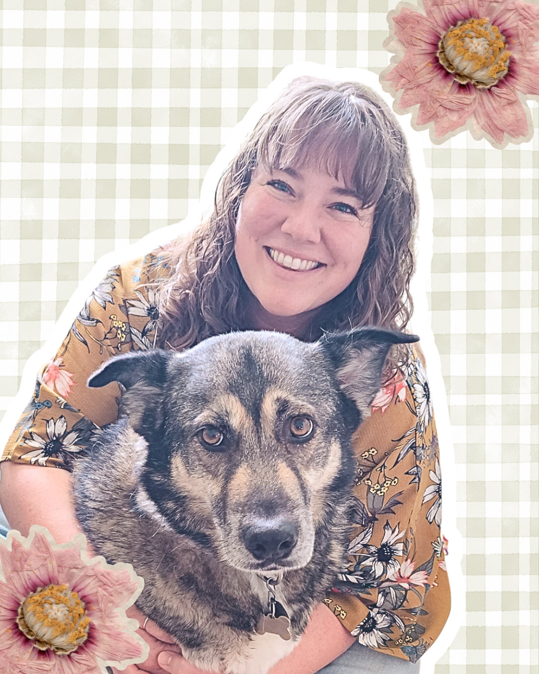 Woman holding a dog with decorative flowers and a checkered background