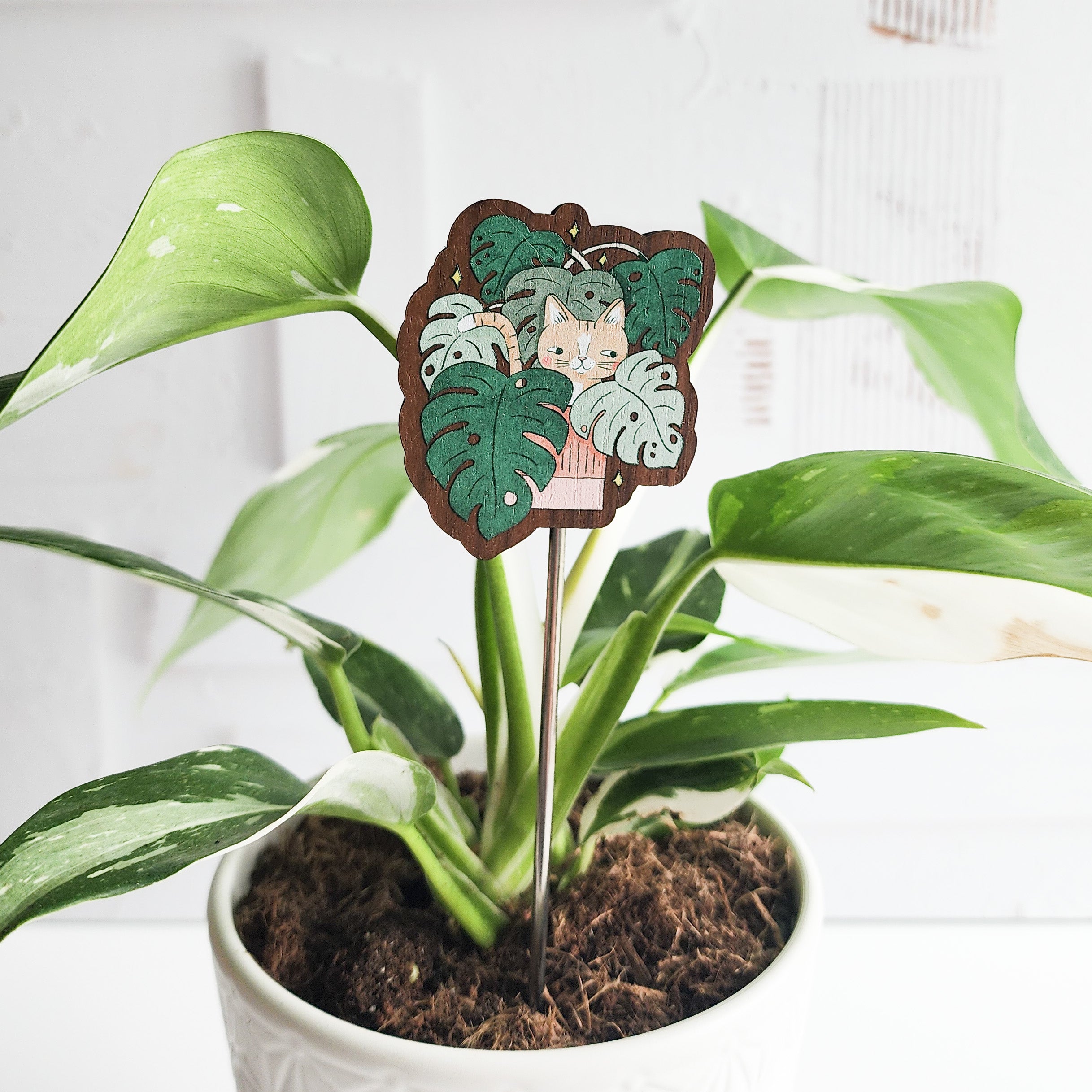cat decorative plant pick inside of a potted plant against a white background