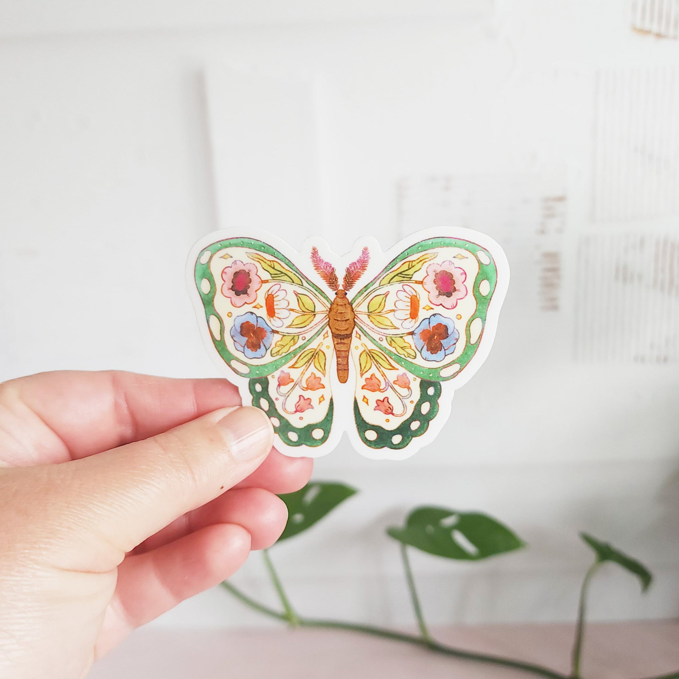floral butterfly sticker held in front of a white wall with a plant