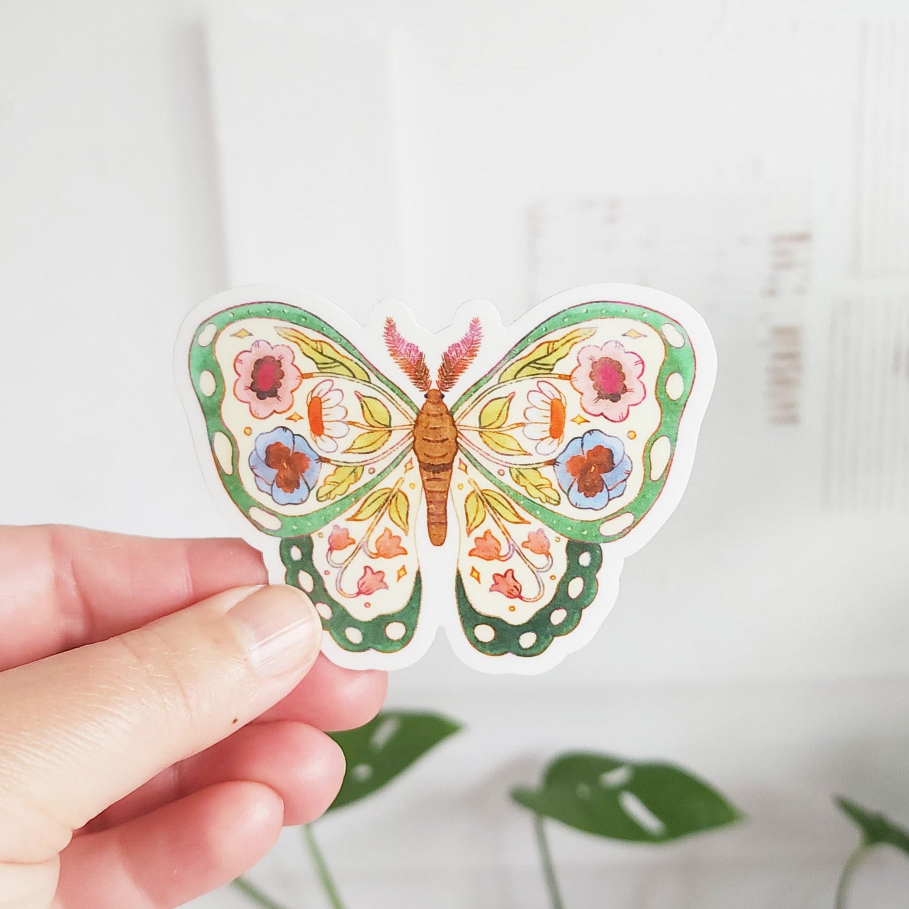 floral butterfly sticker held in front of a white wall with a plant