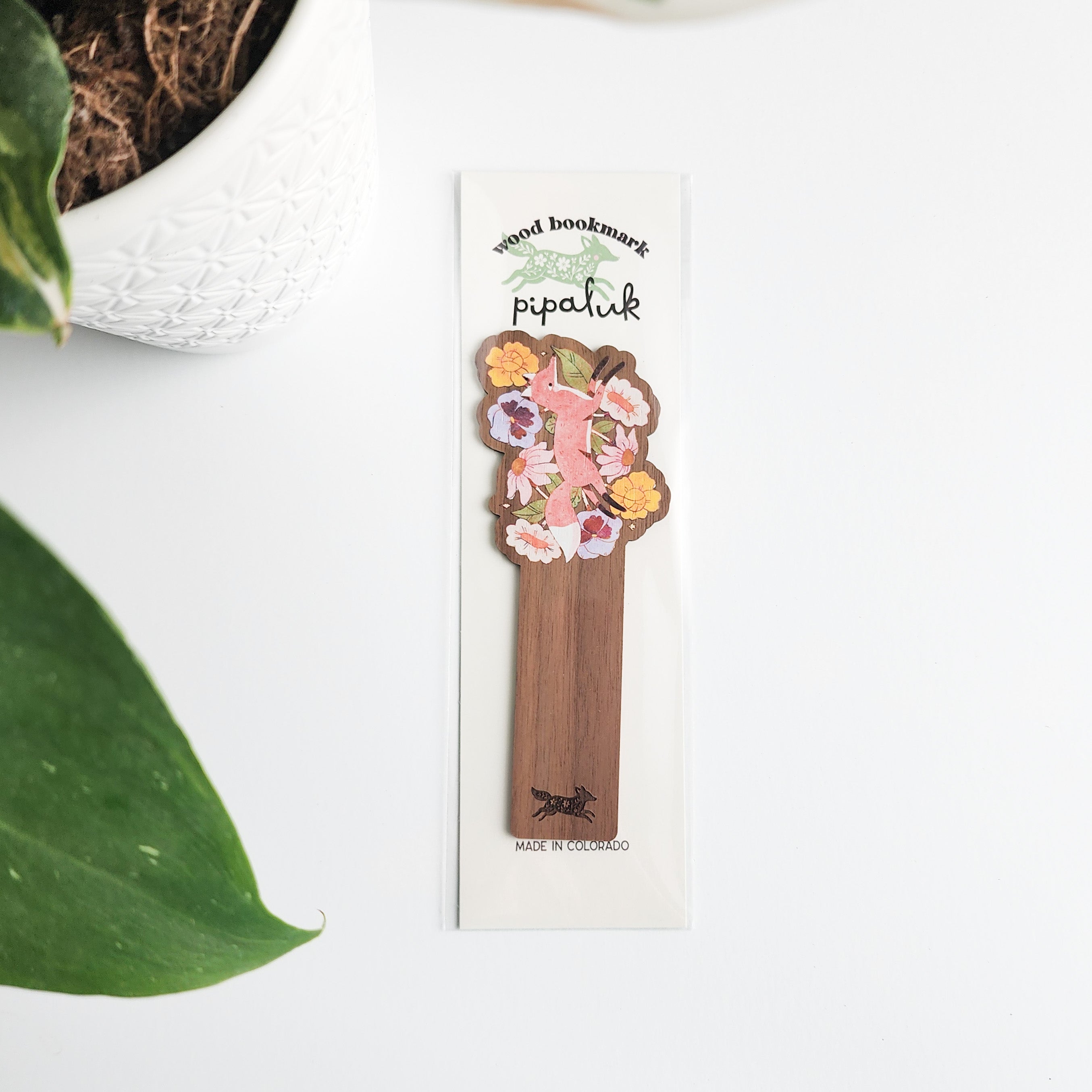 floral fox bookmark in pipaluk packaging on a white background
