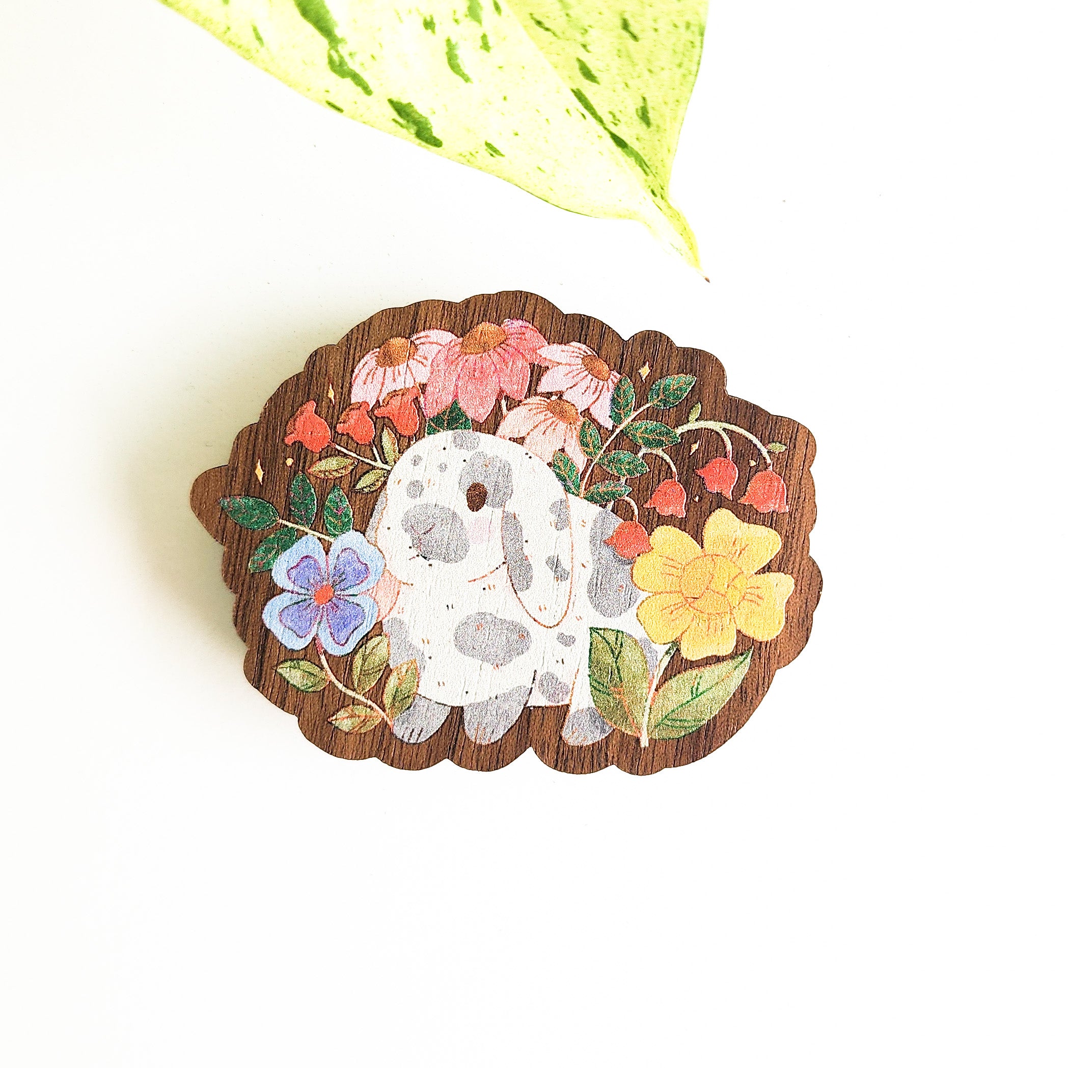 floral bunny magnet on a white background with a leaf