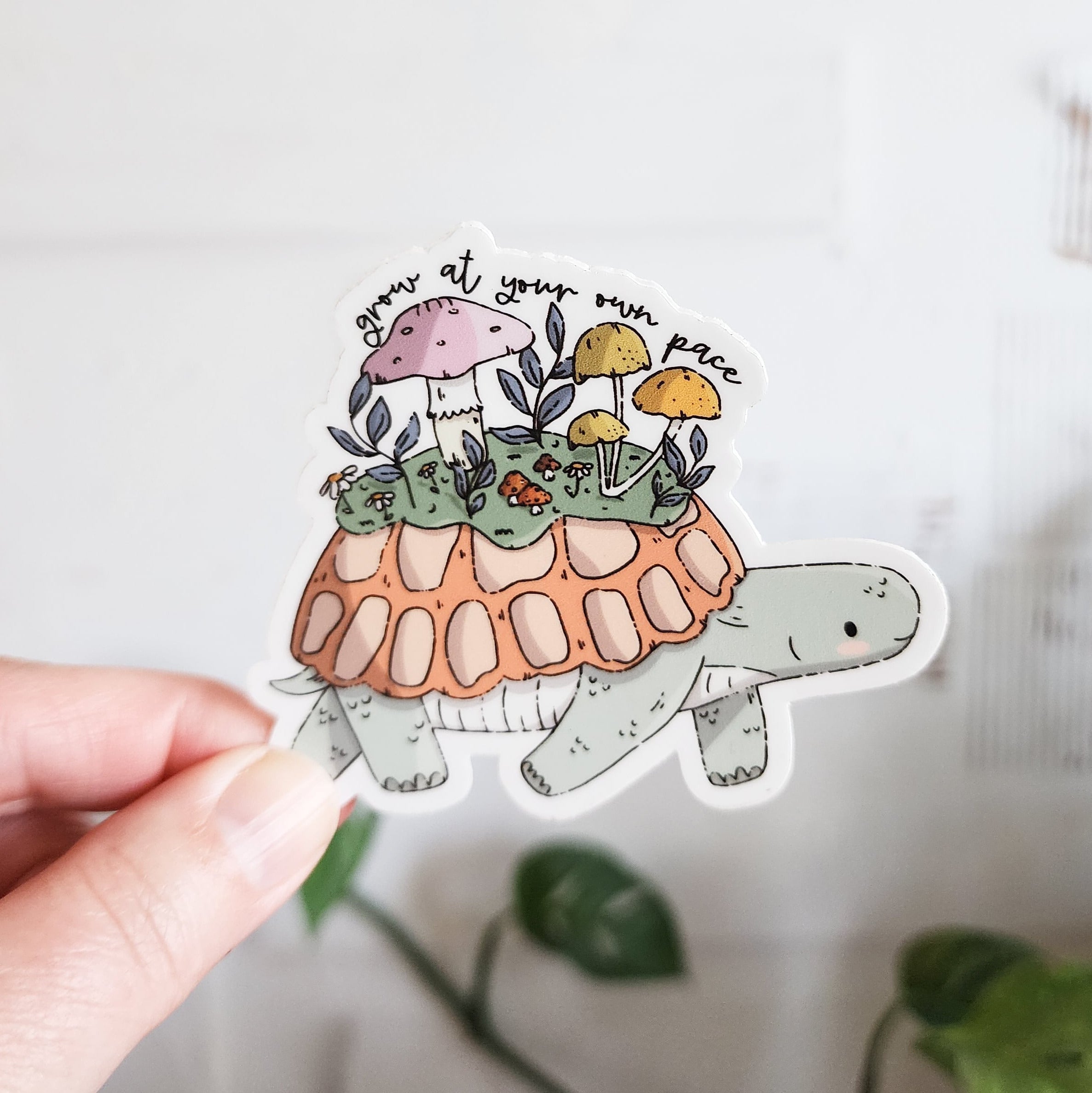 grow at your own pace turtle sticker held in a hand