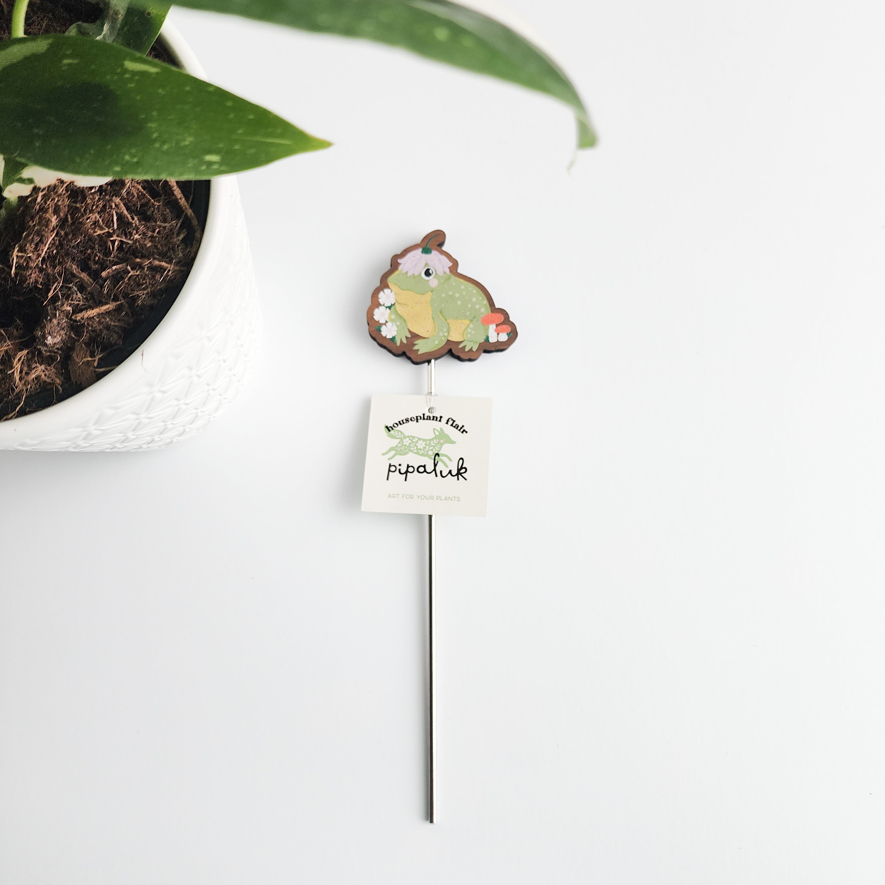 Small decorative plant stake with a frog design next to a potted plant on a white surface.