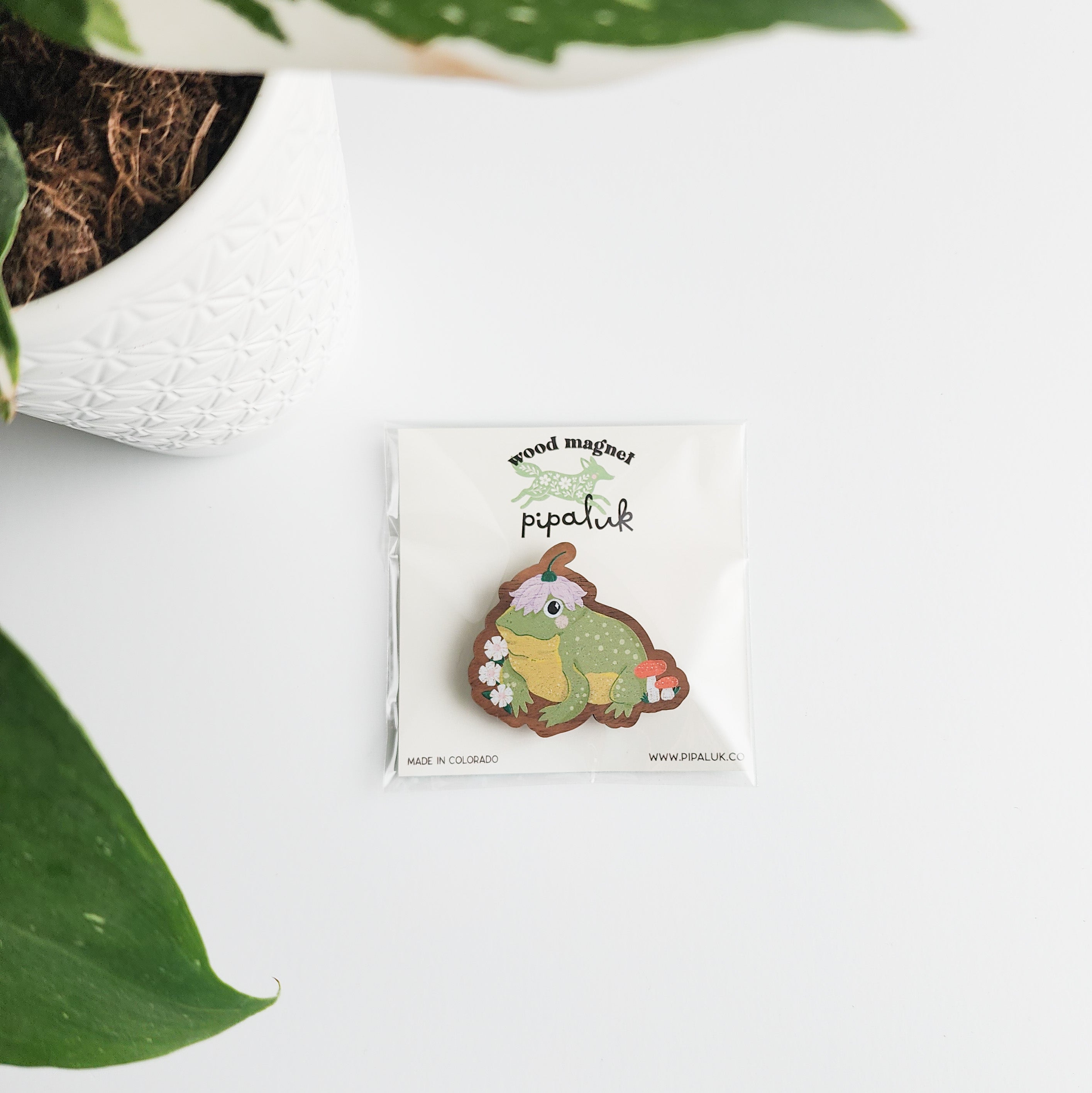 toad shaped magnet in pipaluk packaging on a white background with leaves