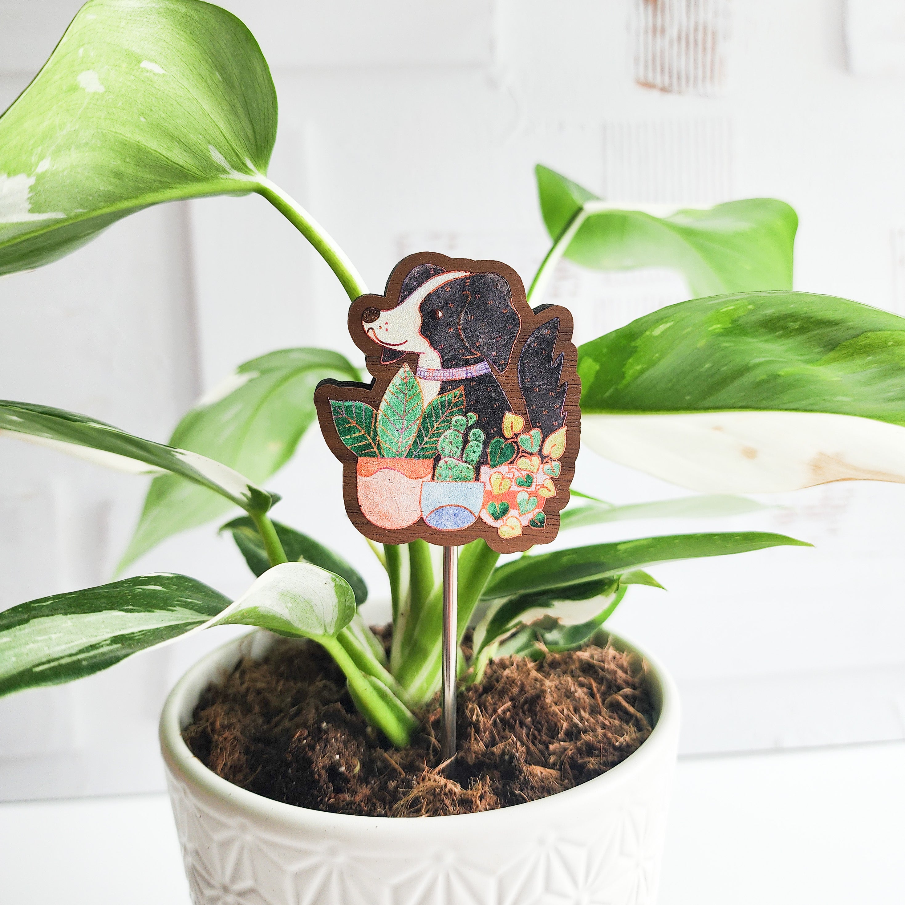 decorative dog plant stake in a potted plant against a white brick background