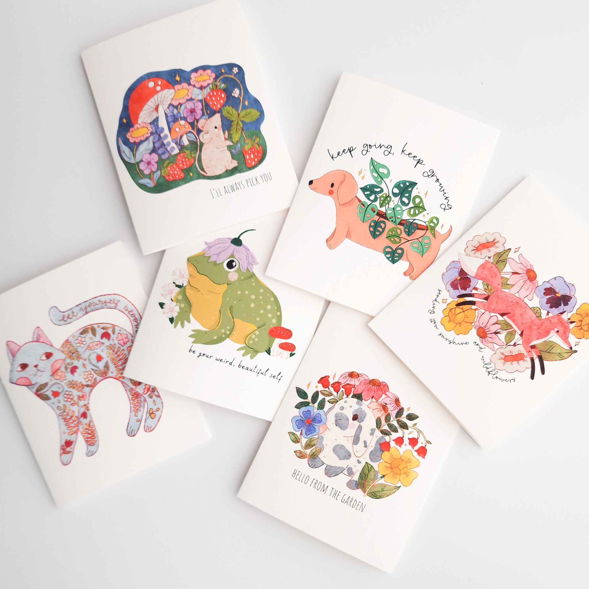 set of 6 greeting cards on a white background