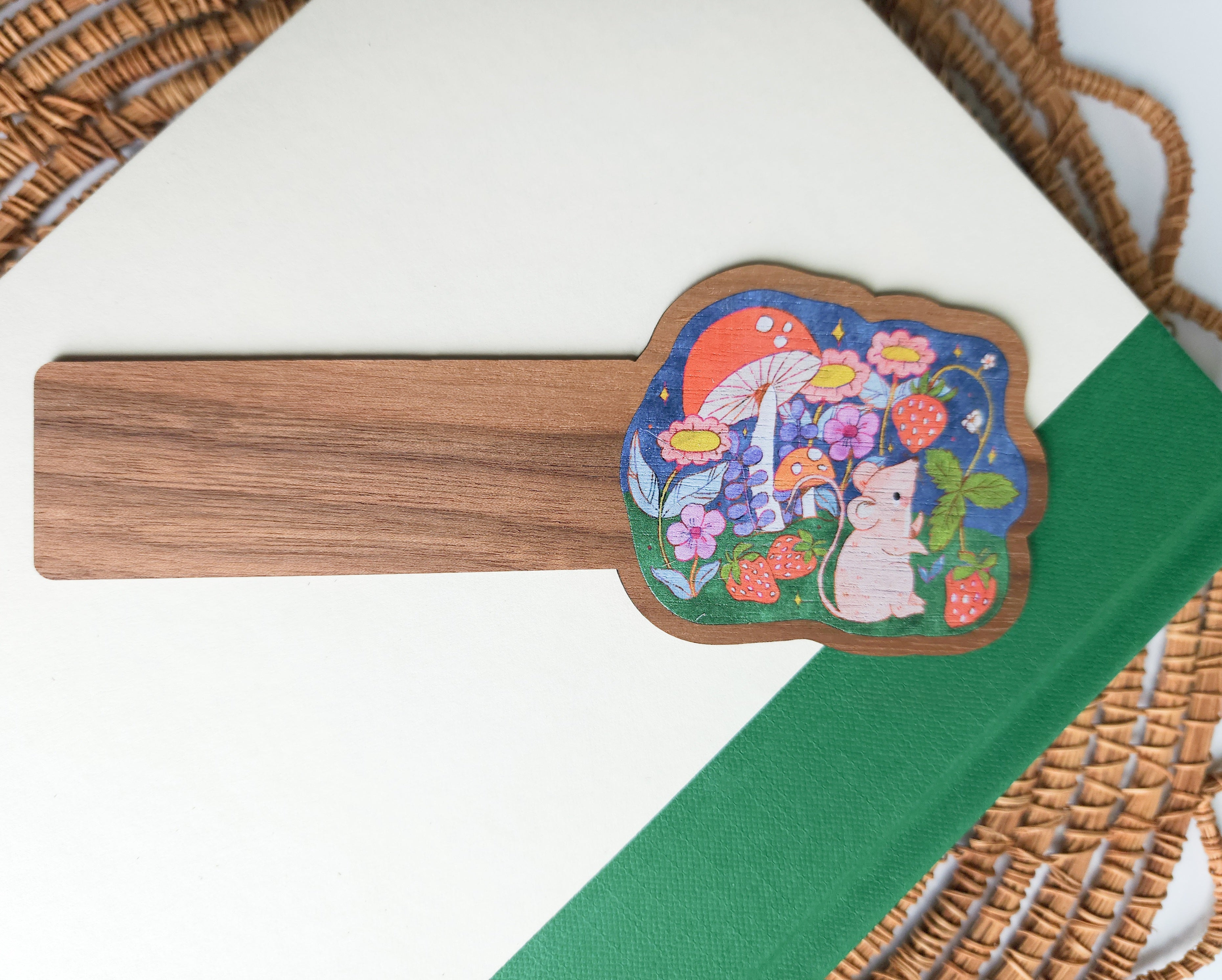 strawberry mouse wood bookmark