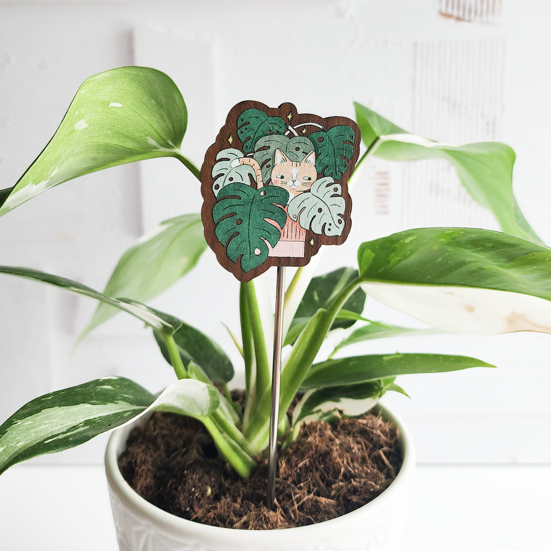cat decorative plant pick inside of a potted plant against a white background