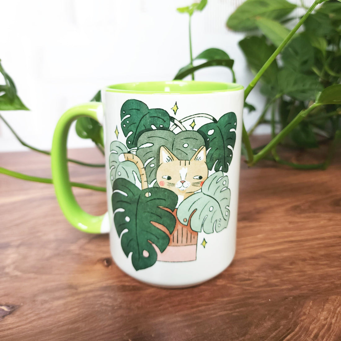cat in monstera mug