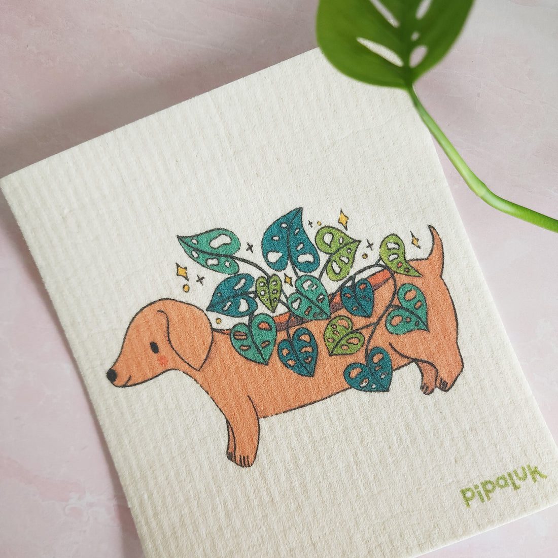 dachshund planter dishcloth laying against a pink background