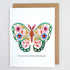 Greeting card with a colorful butterfly illustration and text on a white background
