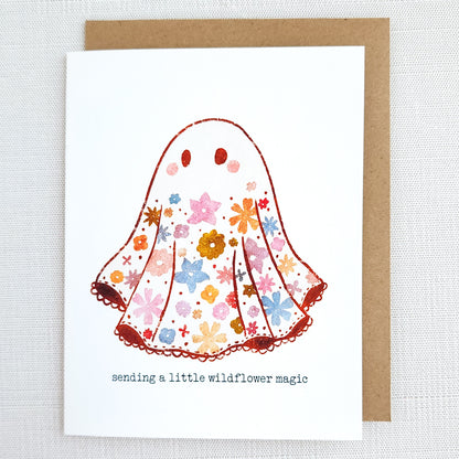 Greeting card with a floral ghost design and text &