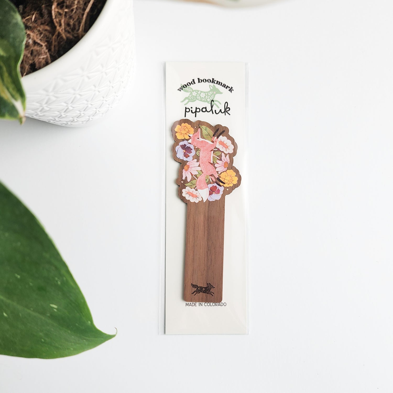 floral fox bookmark in pipaluk packaging on a white background