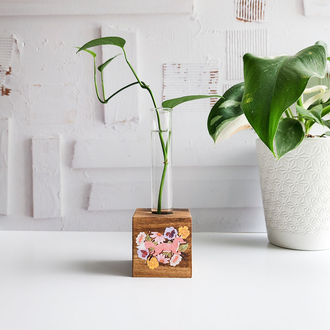 propagation block with a fox design, and a glass tube with a plant cutting on a white background