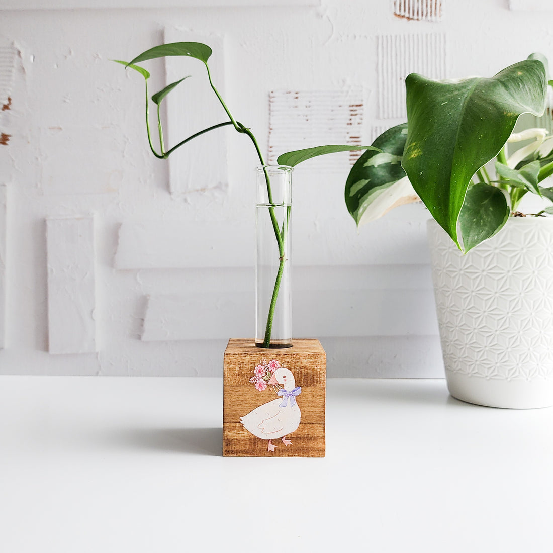 wooden block propagation station with a goose illustration and glass tube on a white background with a green plant cutting