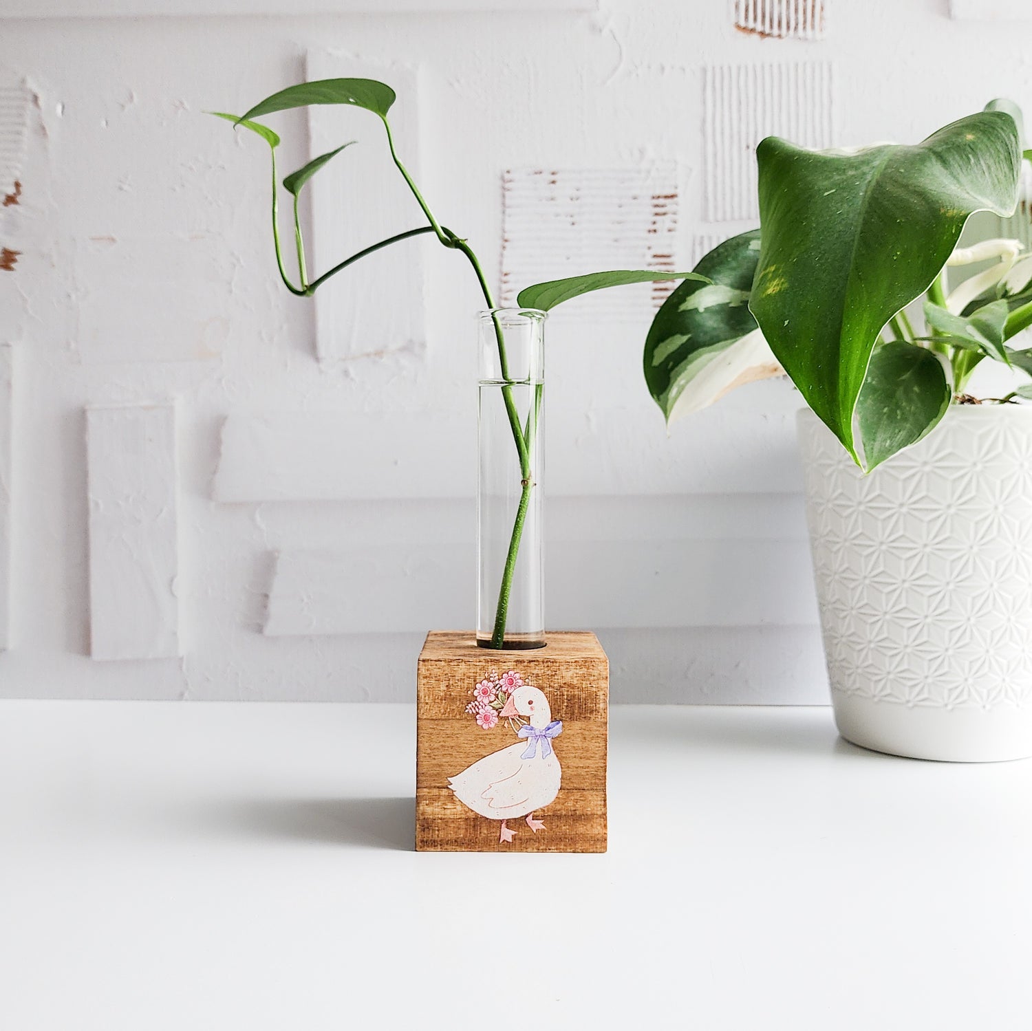 wooden block propagation station with a goose illustration and glass tube on a white background with a green plant cutting