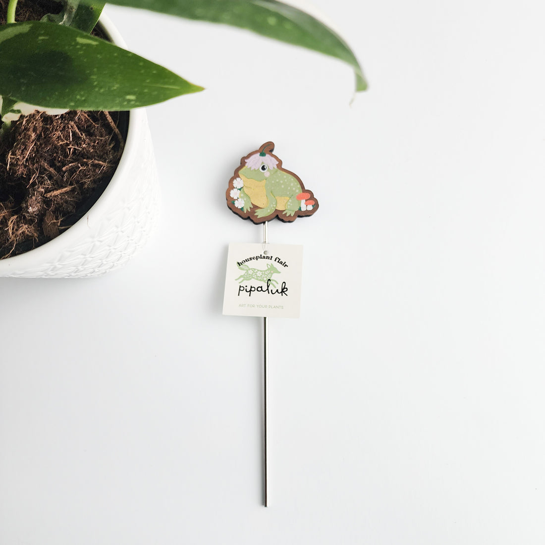 Small decorative plant stake with a frog design next to a potted plant on a white surface.