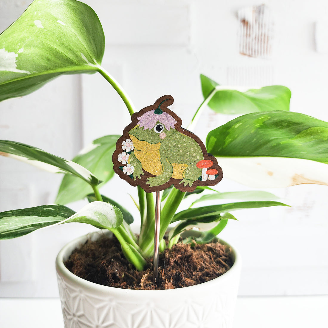 decorative wooden frog plant stake in a potted plant against a white brick background