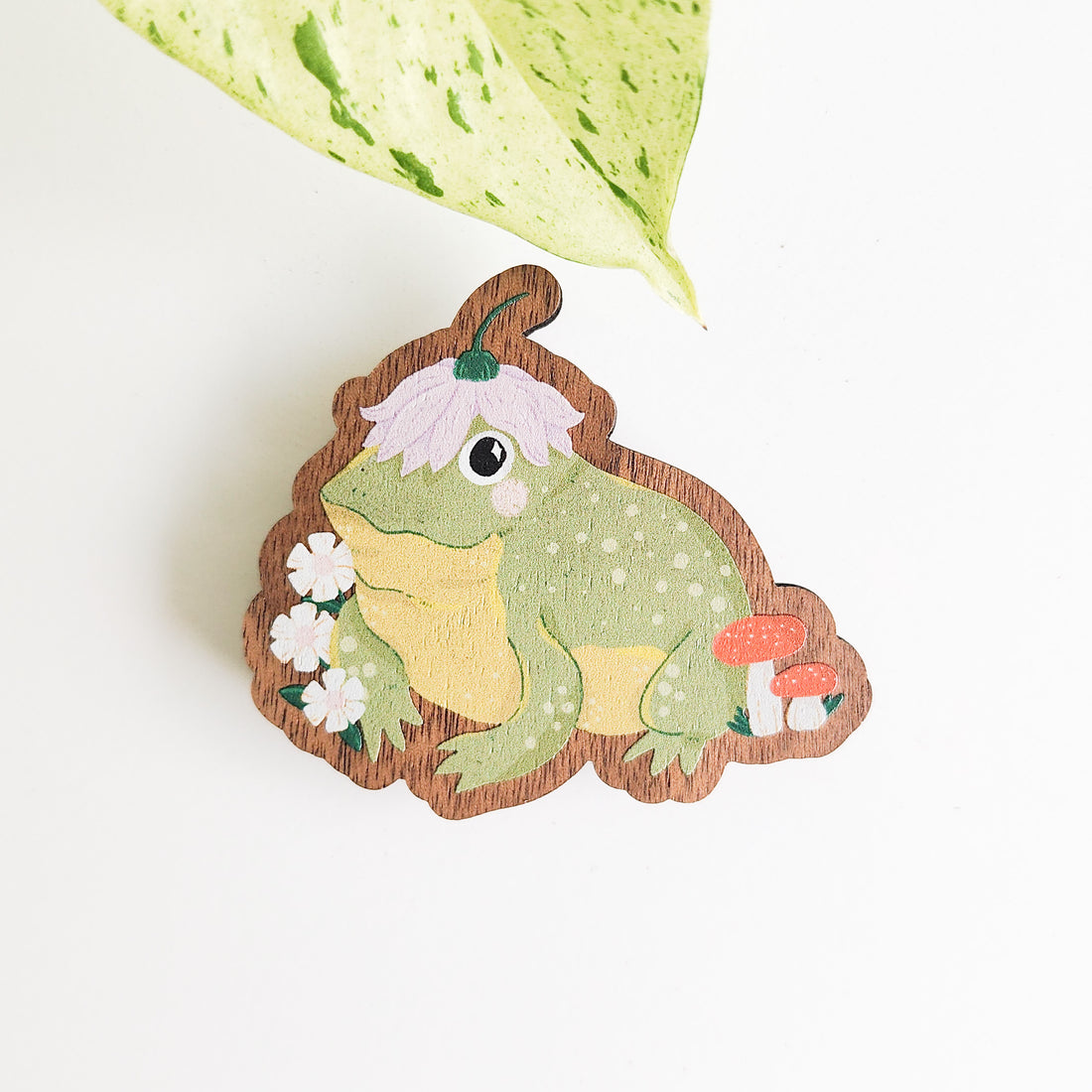 frog magnet on a white background with a leaf
