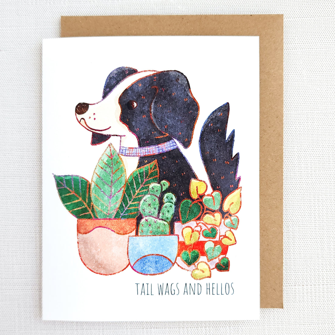 Greeting card with a dog illustration and plants on a white background