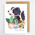 Greeting card with a dog illustration and plants on a white background