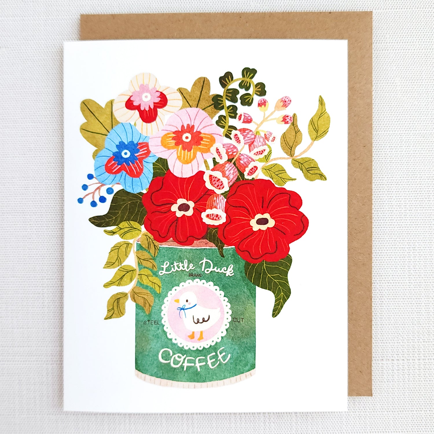 Card with a colorful illustration of flowers in a coffee jar on a white background