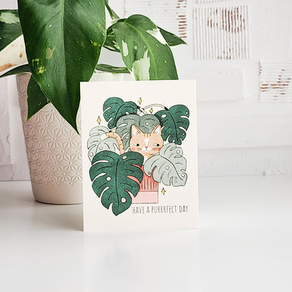 Card with a cat illustration and plant leaves on a white surface with a plant in the background.