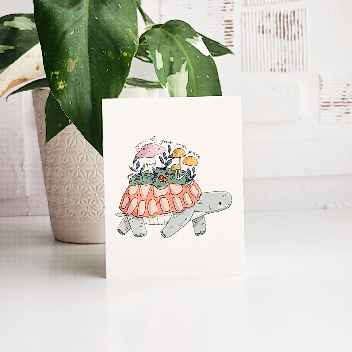 illustrated card with a turtle growing a meadow on its back and the words grow at your own pace. The card is on a white background next to a plant