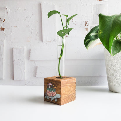 wooden propagation block with a glass tube and plant cutting with an illustration of a turtle on the front