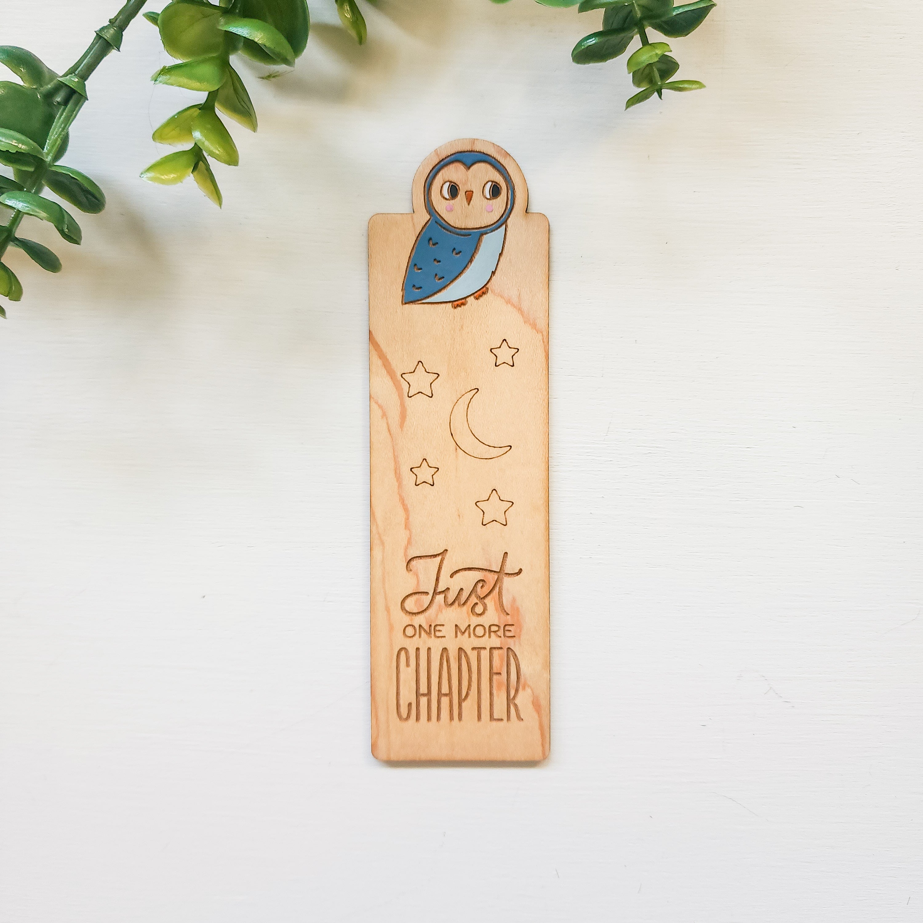 engraved owl bookmark that says just one more chapter