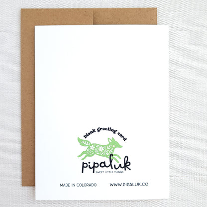 Greeting card with green fox illustration and &