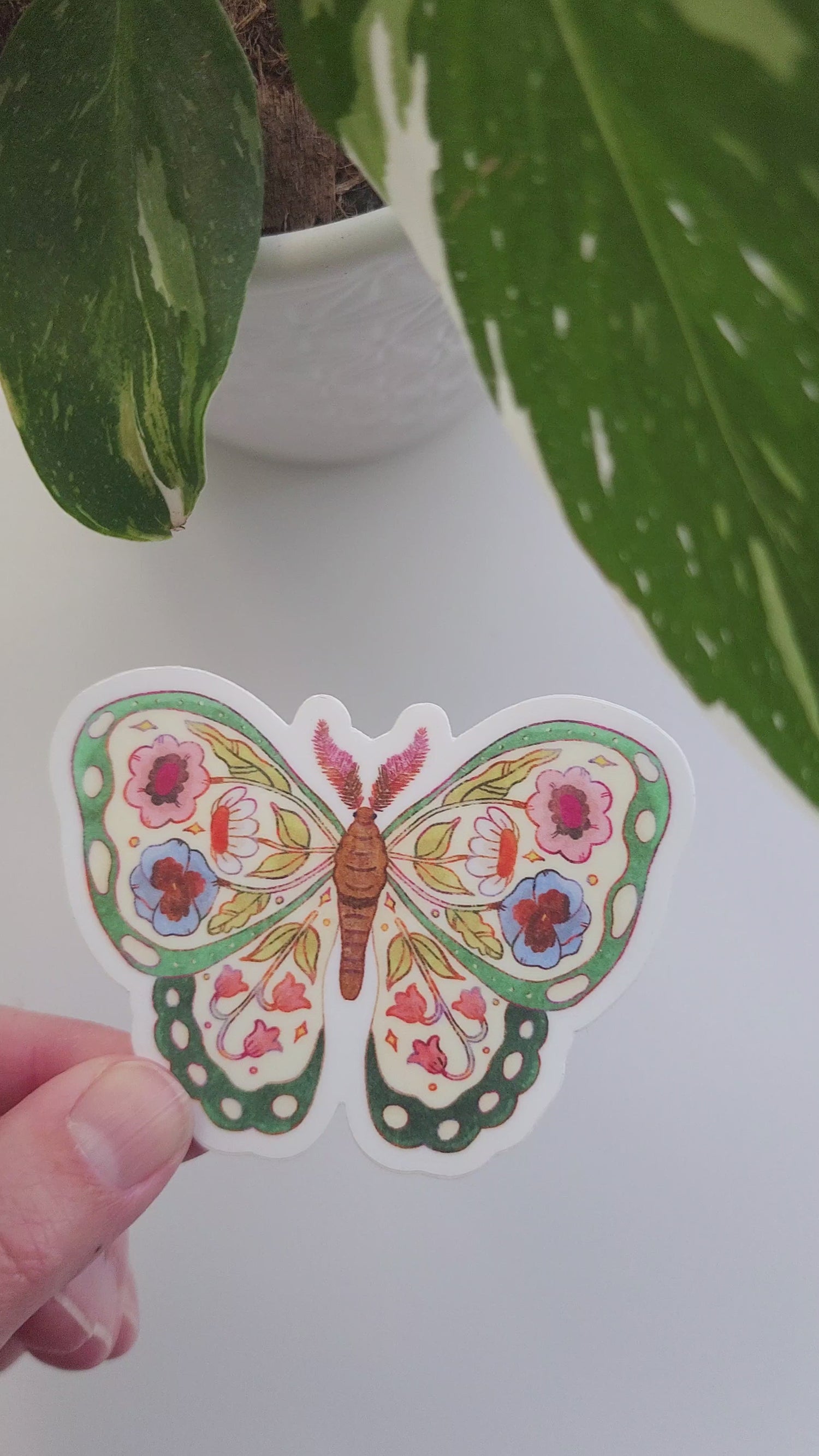 video of a floral butterfly sticker held next to a plant