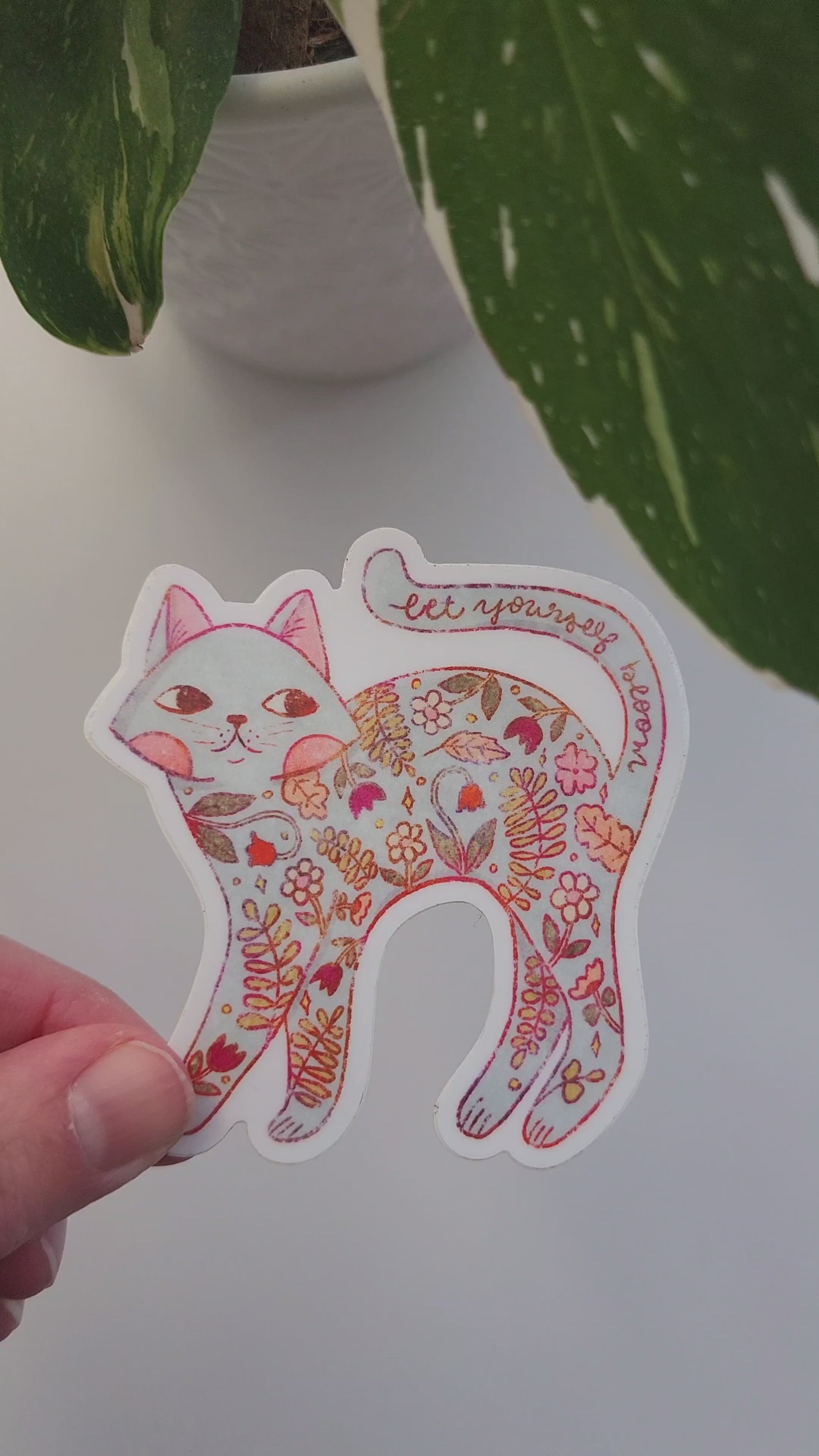 video of a cat sticker held in a hand next to a potted plant