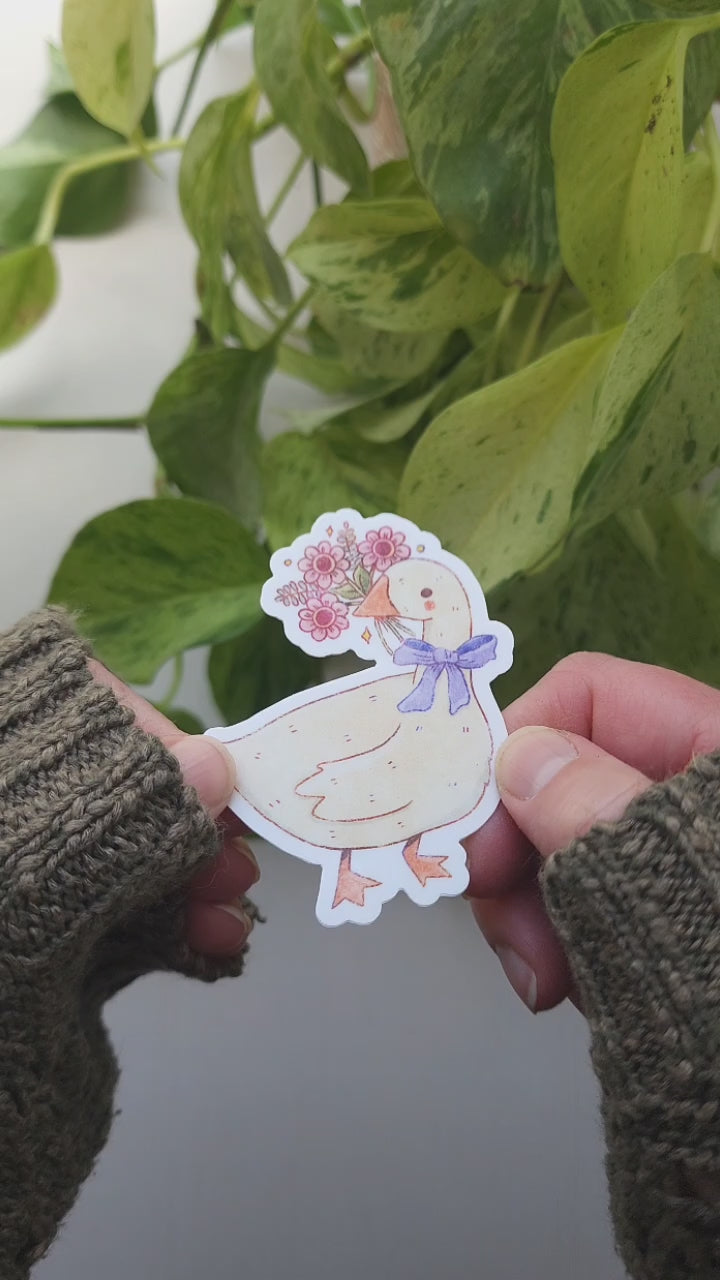 video showing the goose blooms sticker held in two hands with a plant in the background. A list pops up and reads stickers are: druable, weather proof, waterproof, dishwasher safe.