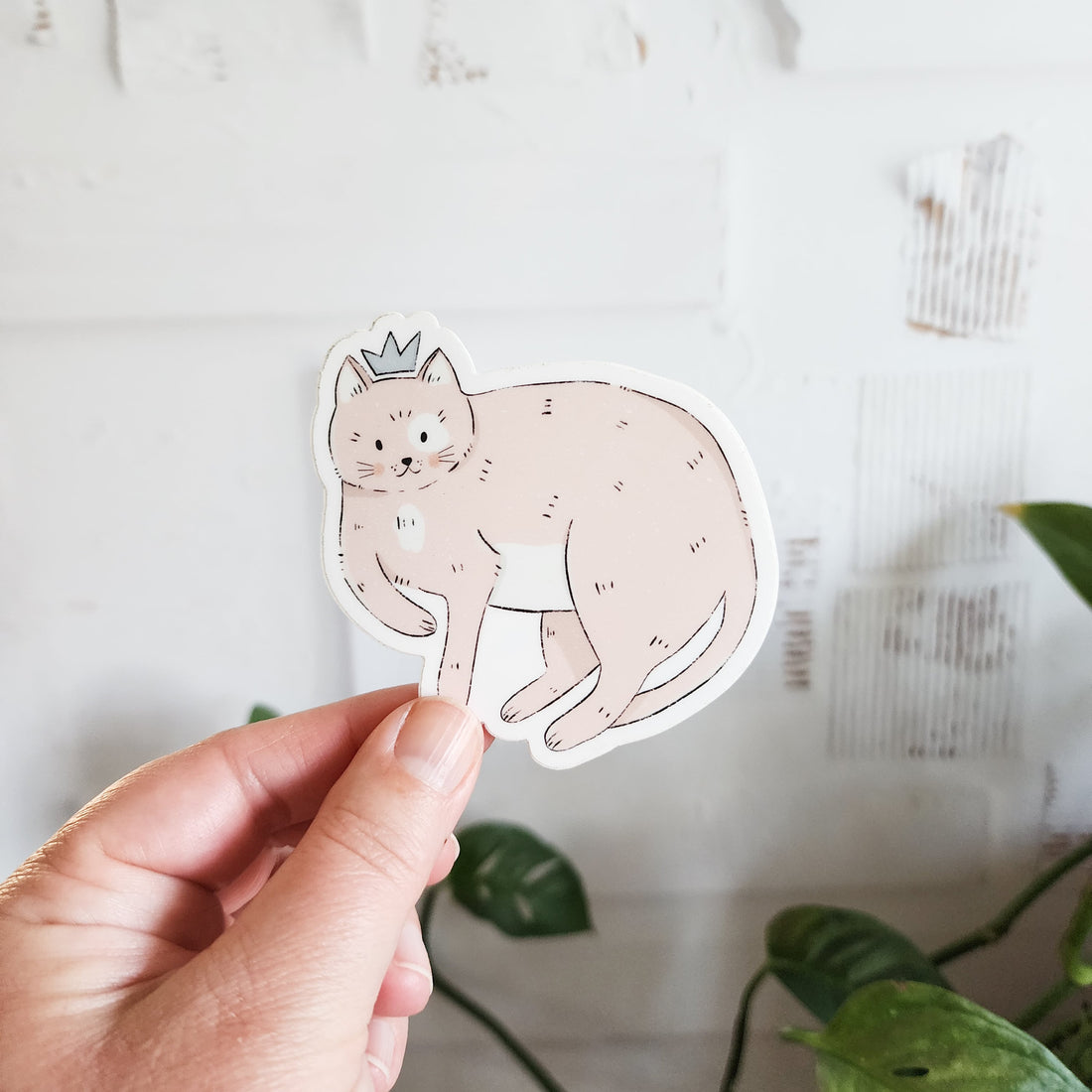 pink cat sticker held in hand