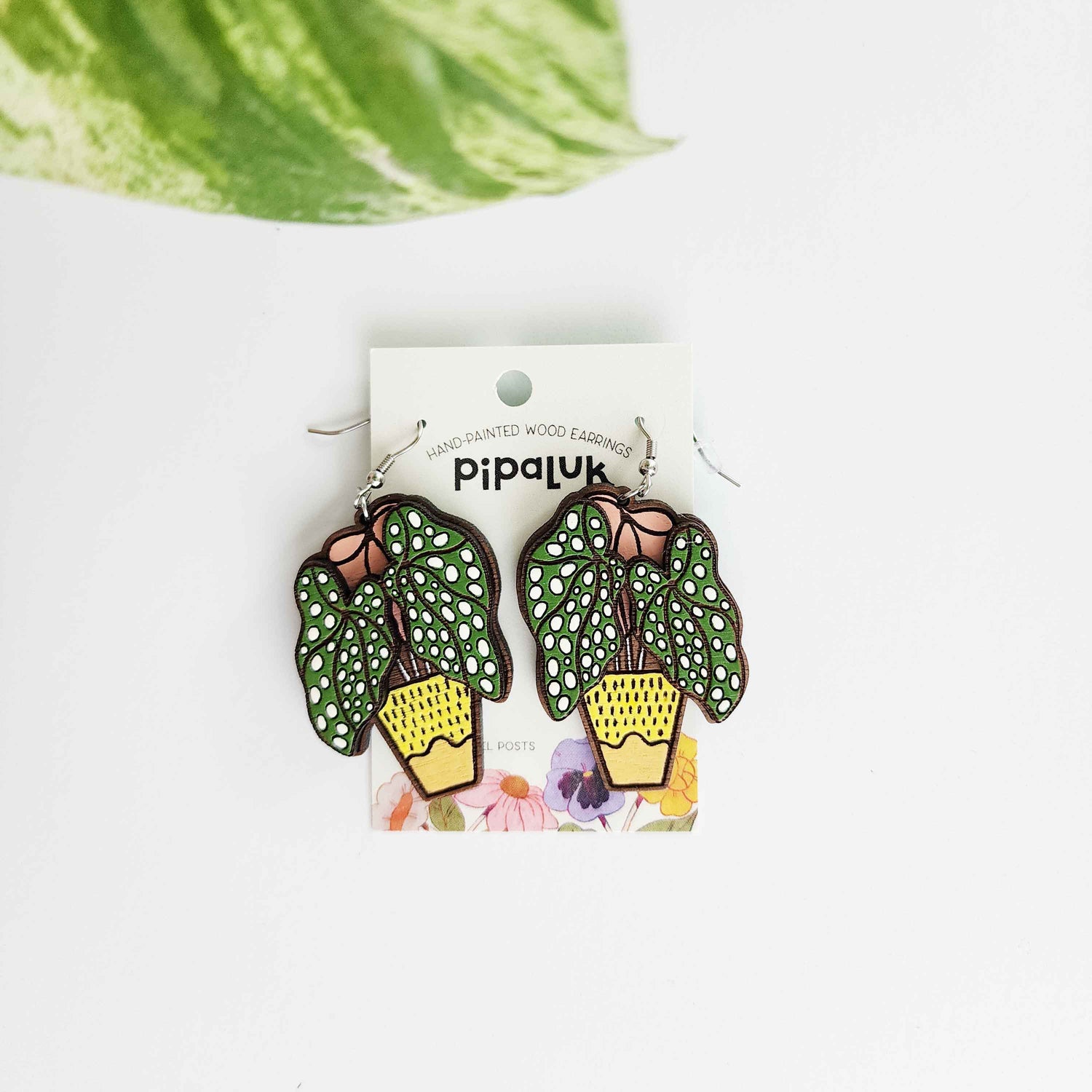 spotted begonia earrings on a pipaluk card