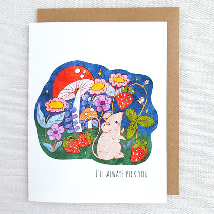 Greeting card with a mouse and strawberry illustration on a white background