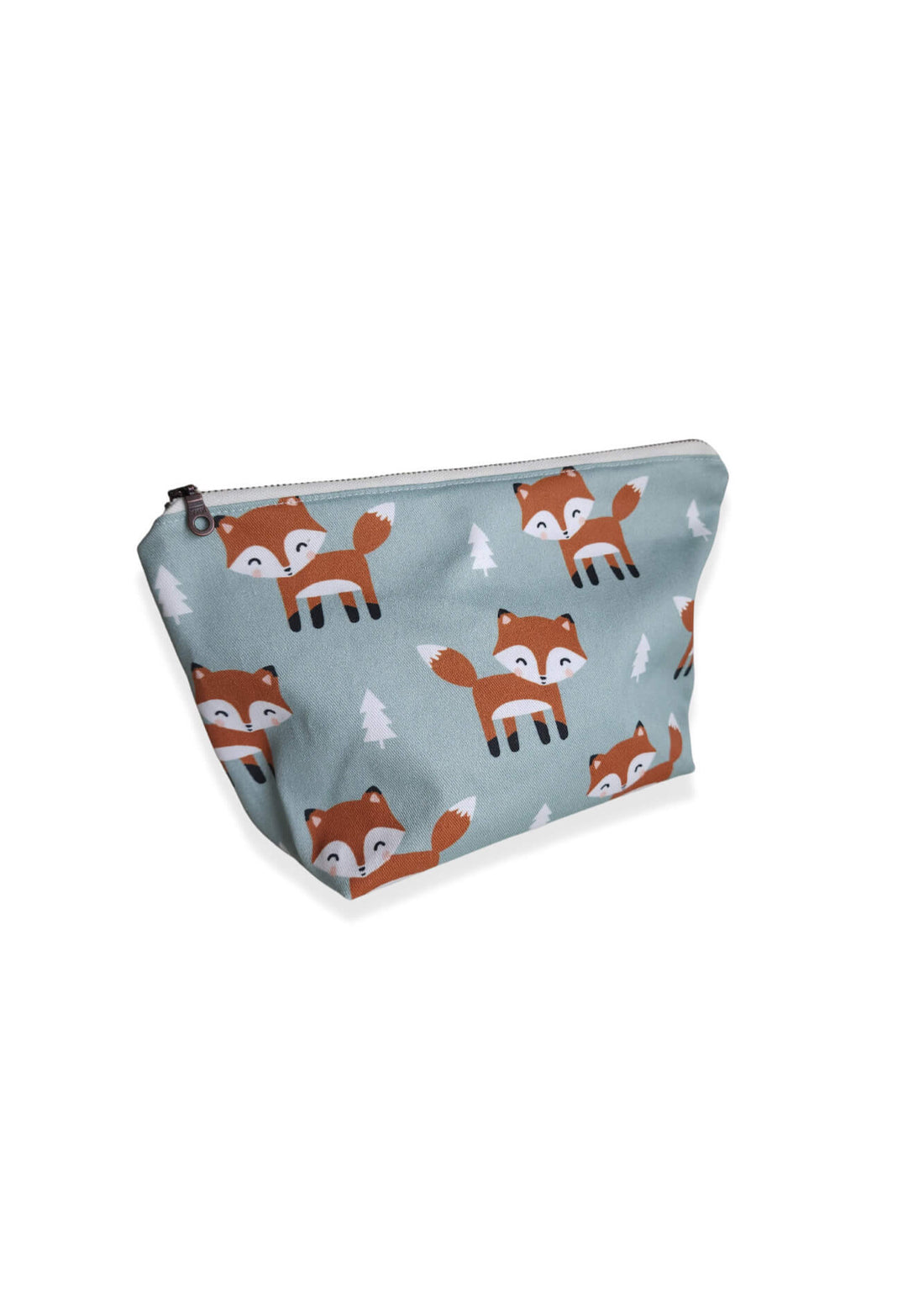 green zippered top pouch with orange foxes and white trees